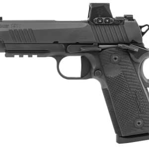 Side view of a SIG SAUER 1911 handgun with a red-dot sight mounted on top.