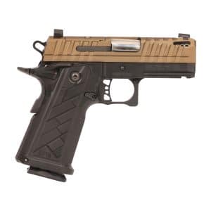Semi-automatic pistol shown in profile with a tan slide and black frame, grip visible on the left side.