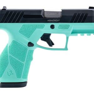 Close-up of a teal pistol with a black slide, showing the textured grip and trigger guard.