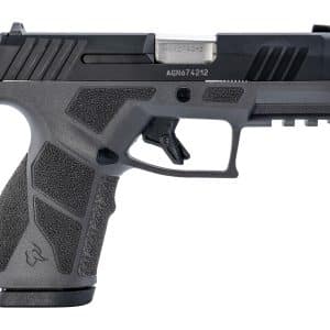 Close-up side view of a black semi-automatic pistol showing the slide and textured grip.