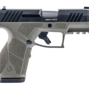 Close-up of a grey polymer handgun grip with textured panels and part of the slide above it.