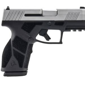 Close-up of a semi-automatic handgun side view showing grip, trigger guard, and grooved slide.