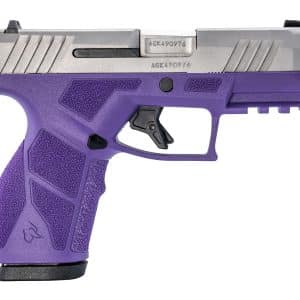 Close-up side view of a purple handgun, showing the textured grip and silver slide.