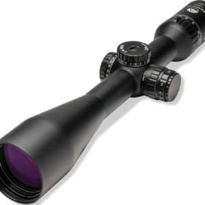 Black riflescope with large objective lens and multiple adjustment dials, matte finish, tilted perspective.