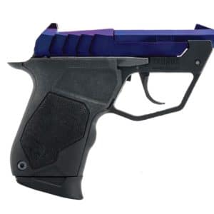 Black toy-like airsoft pistol with a purple slide and blue top, shown in profile.