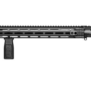 Black firearm upper receiver with long Picatinny rail and vertical foregrip, side-mounted optics rail not visible (rifle component)