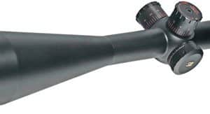 Black rifle scope with adjustable turrets and a large objective lens, designed for aiming on a rifle.