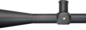 Black matte rifle scope with large objective lens mounted on a rail, shown in side view for precision shooting gear