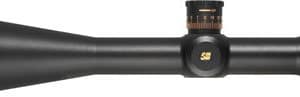 Black rifle scope with adjustment turrets and lenses, mounted for precision shooting in a matte finish.