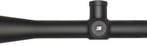 Black riflescope with adjustment turrets and a centered logo, used for precision shooting accessories for firearms.