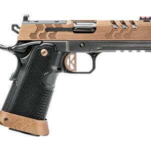 Bronze and black semi-automatic pistol with a textured grip and patterned bronze slide details.