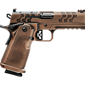 Brown semi-automatic handgun shown in profile with textured grip and angular slide, side view