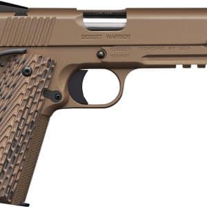 Side view of a tan Desert Warrior Kimber semi-automatic pistol with a textured wooden grip and silver barrel portion visible in the slide cutout.