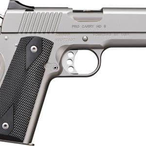 Side view of a stainless semi-automatic handgun with a textured black grip against a white background.