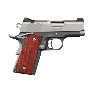 Stainless steel Kimber Ultra CDP II semi-automatic pistol with a wooden grip, side view.