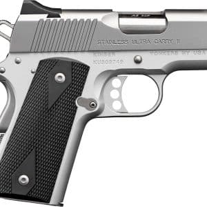 Close-up of a stainless steel semi-automatic pistol slide with a textured black grip visible below