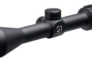 Black riflescope with green-tinted objective lens, labeled 'S1', and adjustable turrets on a matte finish.