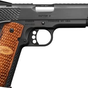 Kimber Raptor II semi-automatic pistol with a stainless slide and brown checkered wood grip, side profile view