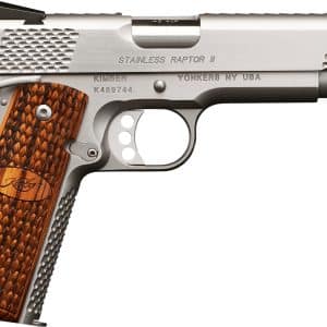 Side view of a Kimber Stainless Raptor II semi-automatic pistol with a brown checkered wooden grip.