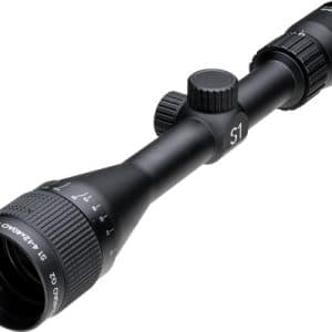 Close-up of a black rifle scope with adjustment knobs and eyepiece, labeled 'S1'.