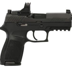 Black SIG Sauer semi-automatic pistol with a mounted reflex sight and textured grip (profile view).