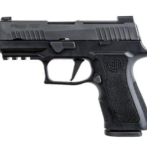 Side view of a black semi-automatic pistol (SIG Sauer P320) with textured grip on a white background