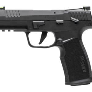 Side view of a black SIG SAUER P322 .22 LR pistol with textured grip and green front sight dot visible on the slide, facing left.