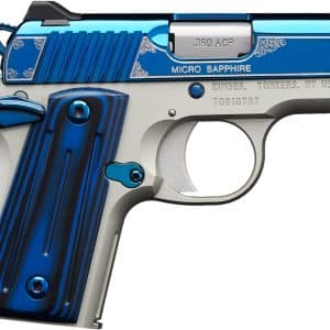 Close-up of a blue and silver Kimber .380 ACP semi-automatic pistol with decorative engravings and textured grip.