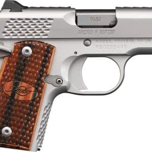 Side view of a silver Kimber Micro 9 Raptor pistol with a brown checkered wooden grip.