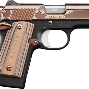 Side view of a rose-gold micro 9mm pistol with carved decorative details and wood grip.