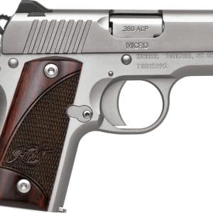 Side view of a Kimber .380 ACP semi-automatic pistol with stainless steel frame and wooden checkered grip.
