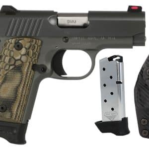 Compact semi-automatic pistol with a textured camouflage grip, a silver 9mm magazine, and a black holster nearby.