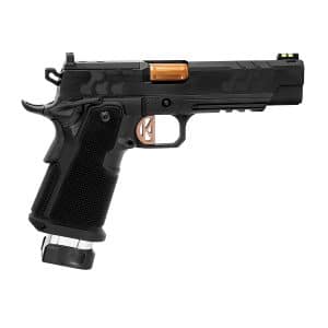 Side view of a black semi-automatic pistol with orange accents and a textured grip.