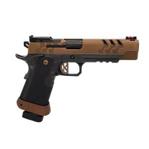 Brown and black futuristic handgun with textured grip and red sights