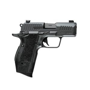 Right-side profile of a black 9mm semi-automatic pistol with a textured grip and ergonomic trigger guard.