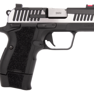 Side view of a black semi-automatic pistol with a silver 9mm slide and textured grip.