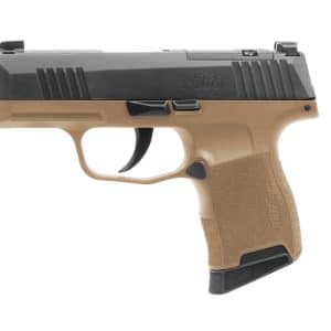 Side view of a compact semi-automatic pistol with a black slide and tan frame, showing the P365 engraving on the slide.