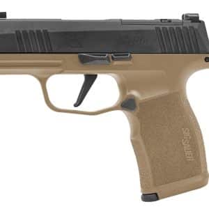 Two-tone SIG P365 handgun side view, tan frame with black slide.