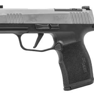 Close-up side view of a black and gray semi-automatic pistol (P365) showing trigger guard and textured grip, profile facing right.