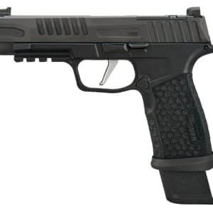 Black semi-automatic handgun with a textured grip and accessory rails photographed in side view