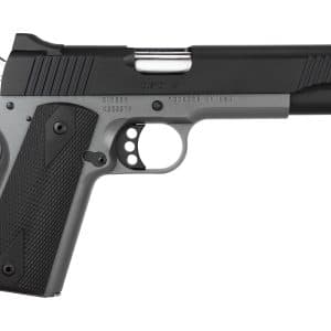 Close-up side view of a semi-automatic pistol with a black slide and textured gray grip.
