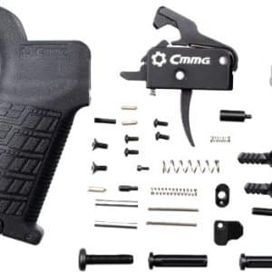 CMMG firearm grip and trigger assembly kit parts laid out with screws, springs, and pins on a white background.