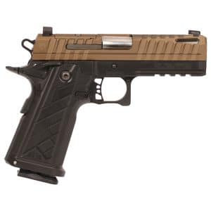 Semi-automatic pistol shown in side profile with a tan slide and black frame, trigger guard visible.