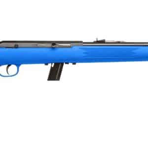 Side view of a blue bolt-action rifle with a long black barrel and blue synthetic stock, photographed in profile