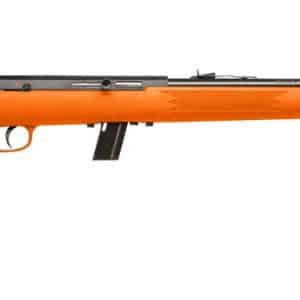 Orange rifle with a long black barrel and a detachable magazine, shown in profile against a white background.
