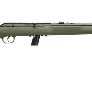 Olive-green bolt-action rifle shown in profile with a long barrel and detachable magazine, viewed from the side.