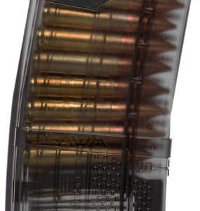 Black firearm magazine loaded with brass cartridges, shown from the side with a tan base plate