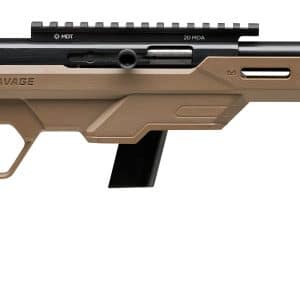 Tan Savage sporting rifle in profile with black barrel and ergonomic grip, shown from left to right.