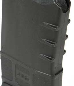 Black polymer detachable rifle magazine shown from the side with ribbed grip and top feed lips visible