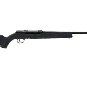 Side view of a black bolt-action rifle with a long barrel and synthetic stock, photographed in profile on white.